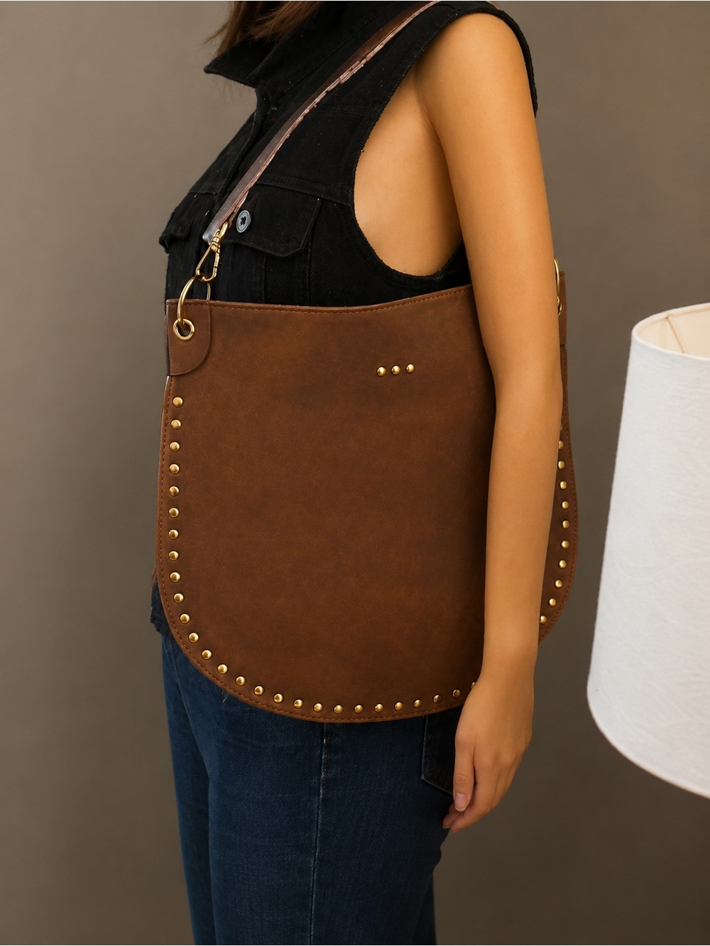 Rivet Suede Hobo Bag-Camel